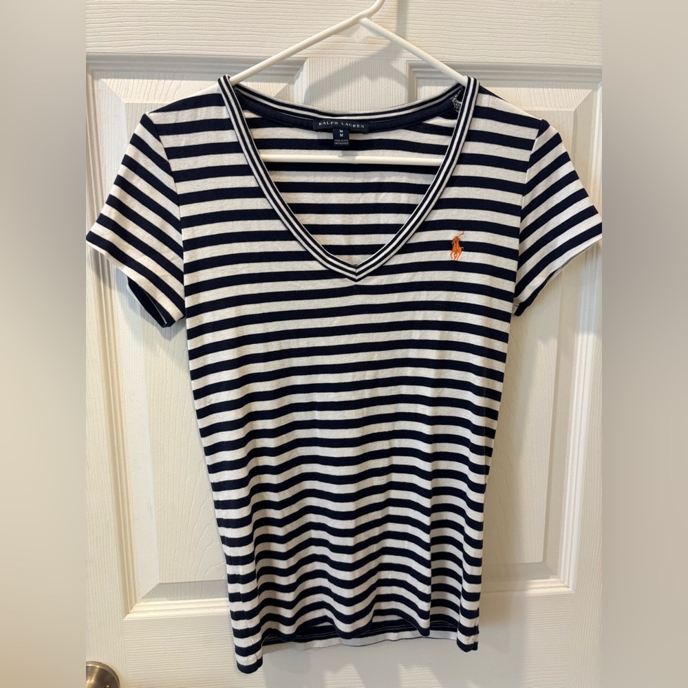 Polo by Ralph Lauren Navy Blue and‎ White Striped V-Neck Top
